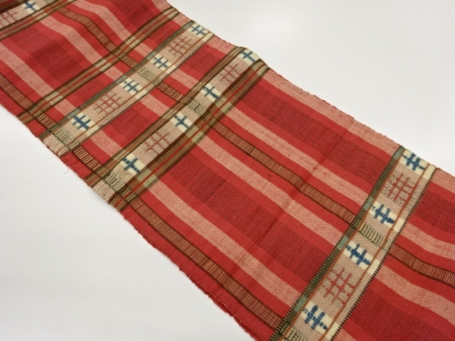 手織り紬縞・横段に幾何学模様織出し名古屋帯